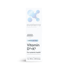 Ovaterra Vitamin D3 & K2 liquid bottle close-up for bone support and daily wellness.