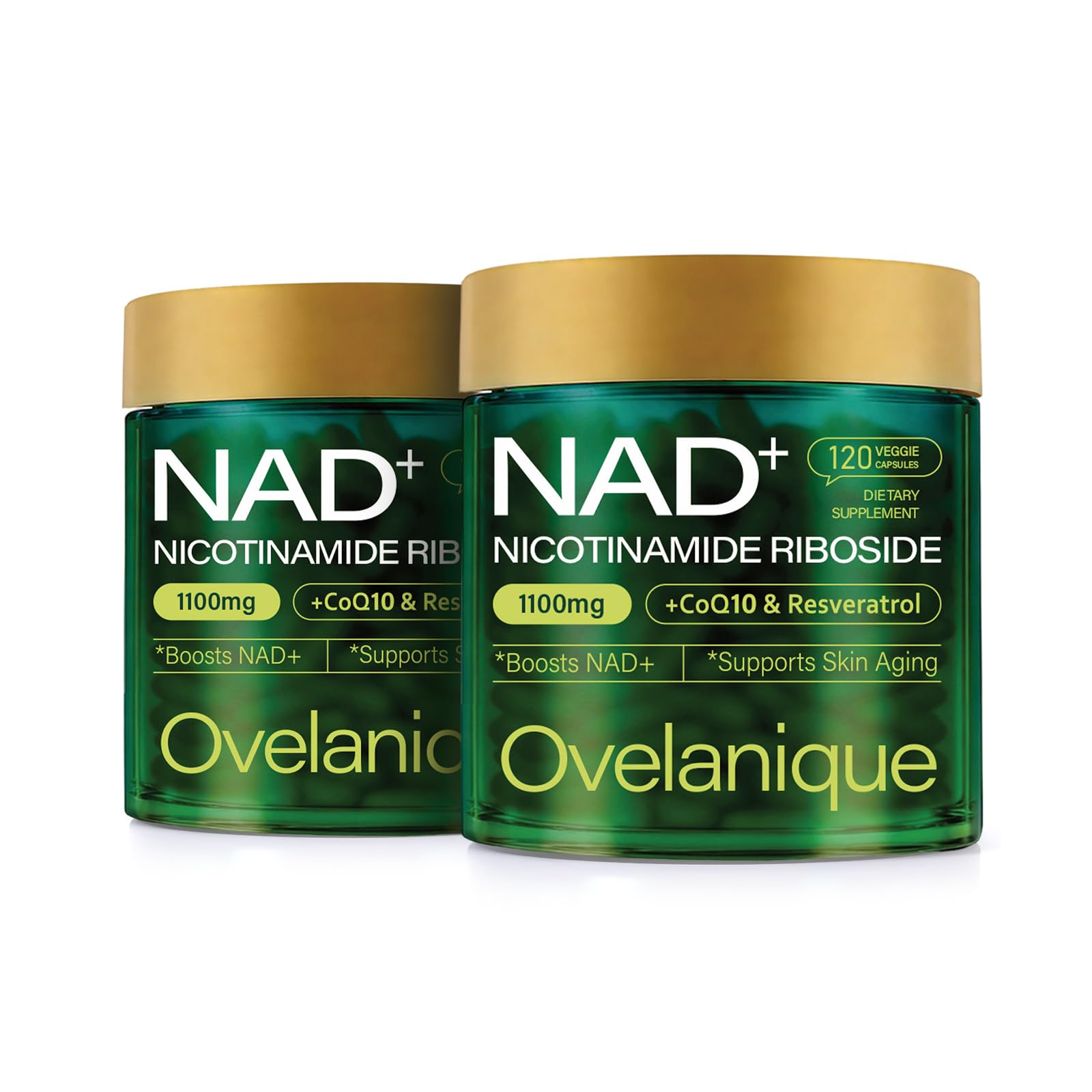 Ovelanique NAD supplement bottle front showing 1100mg NAD+ blend for daily energy