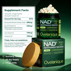 Ovelanique NAD bottle label close-up showing NR and Resveratrol