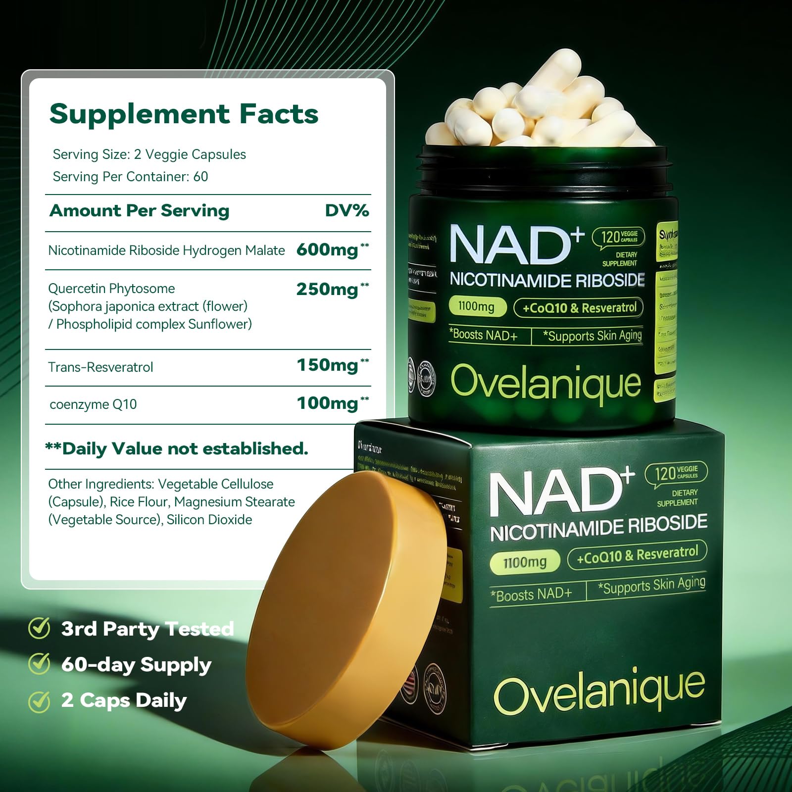 Close-up of the Ovelanique NAD label highlighting NR, Resveratrol and CoQ10 for cellular support