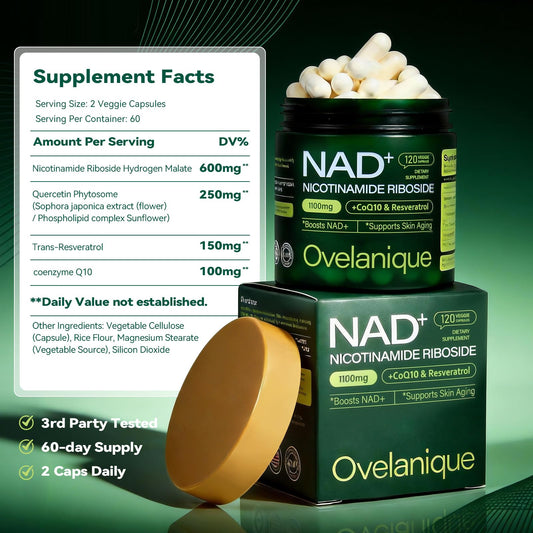 Close-up of the Ovelanique NAD label highlighting NR, Resveratrol and CoQ10 for cellular support