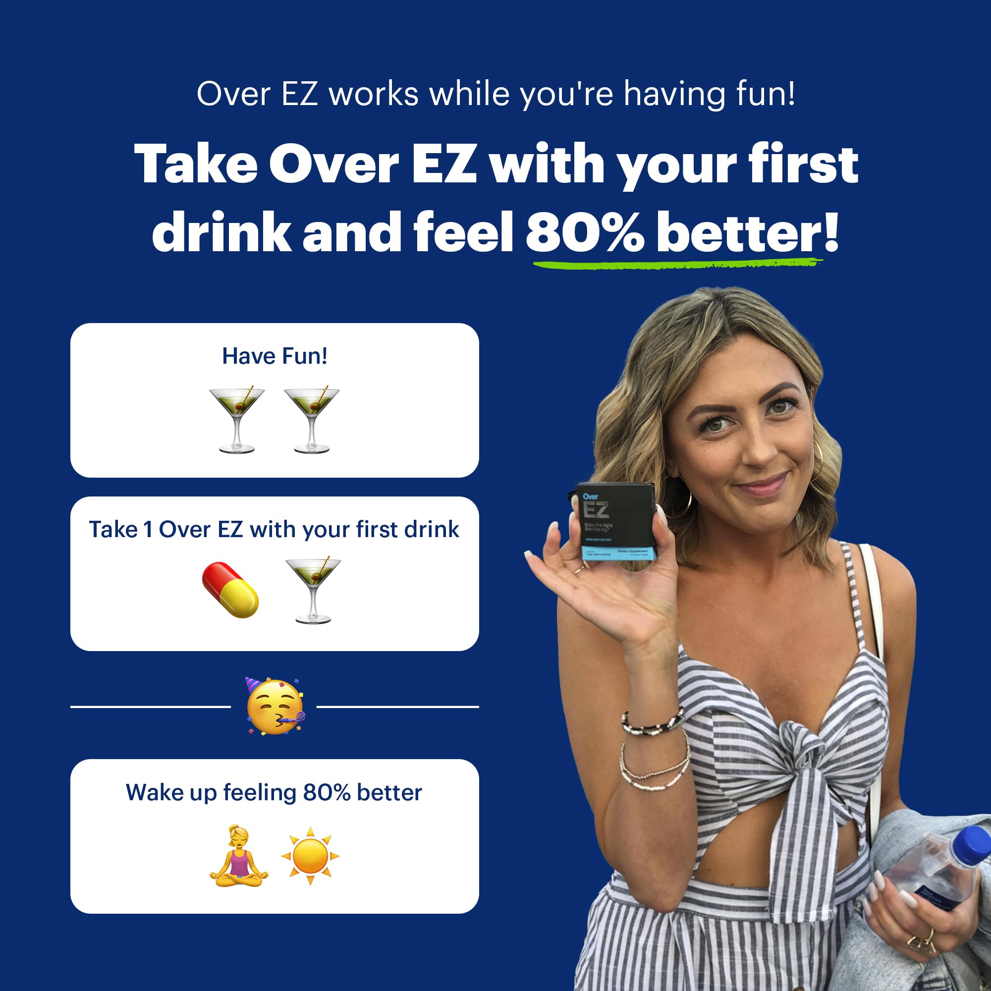 Over EZ pills in blister pack for convenient post-party recovery on the go.