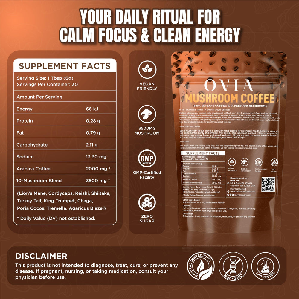 OVIA 3500mg mushroom coffee jar showcasing blend for energy support and gut-friendly routine