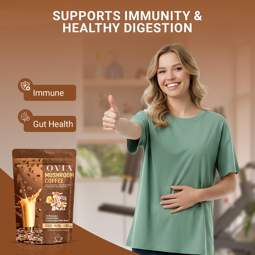 OVIA mushroom coffee cup steaming, emphasizing smooth taste and steady focus