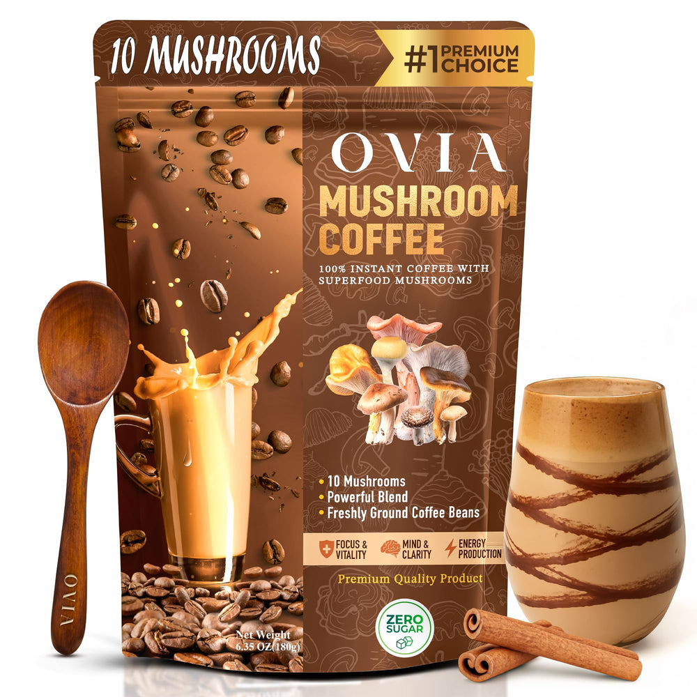 OVIA Natural 10 Mushroom Coffee pouch steaming with rich aroma for daily focus