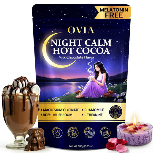 OVIA Night Calm cocoa mix in a jar promotes a comforting bedtime ritual