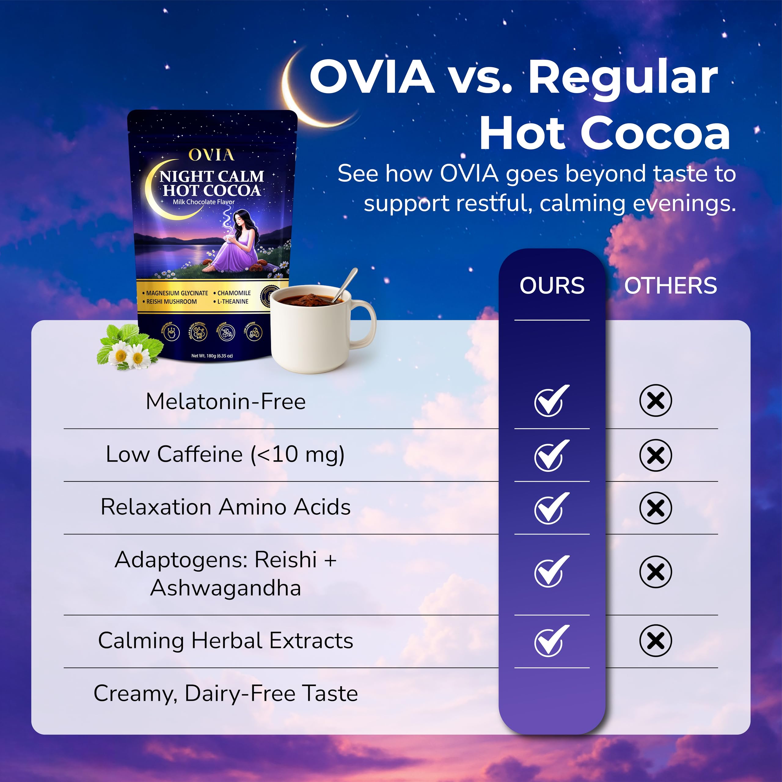 OVIA Night Calm coconut milk powder creates a creamy, soothing night drink