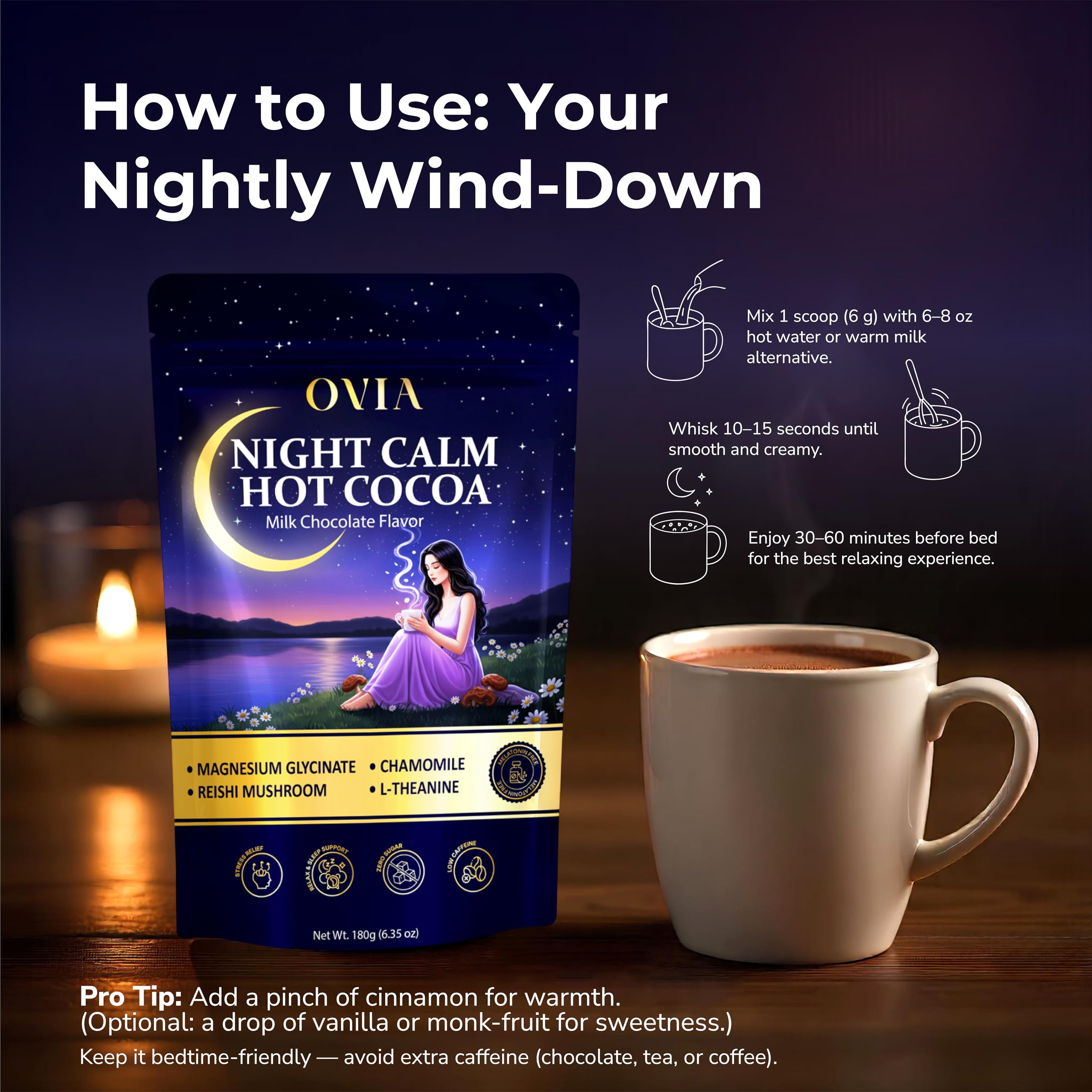 OVIA Night Calm Dutch cocoa powder close-up for a cozy evening