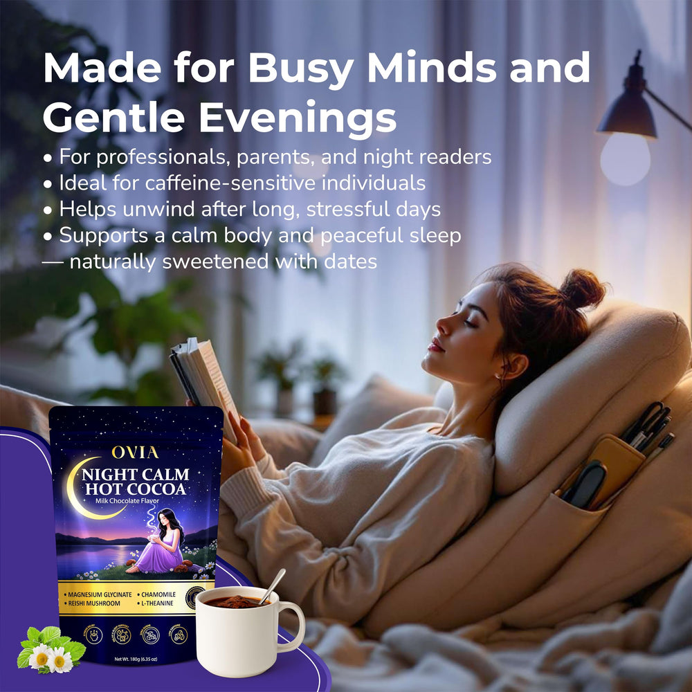 OVIA Night Calm mug with steaming cocoa signals a relaxing bedtime moment