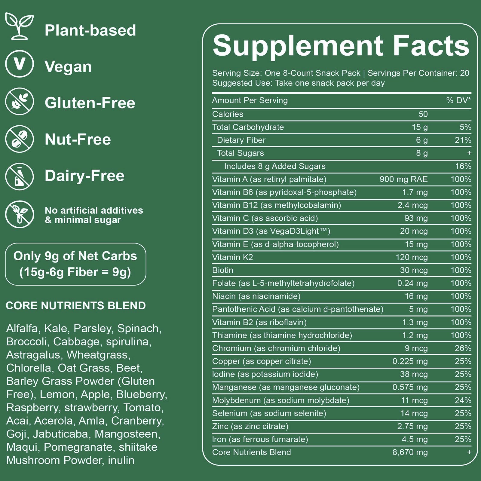 oviaapo Greens Gummies bottle back showing vitamins and minerals for immune support