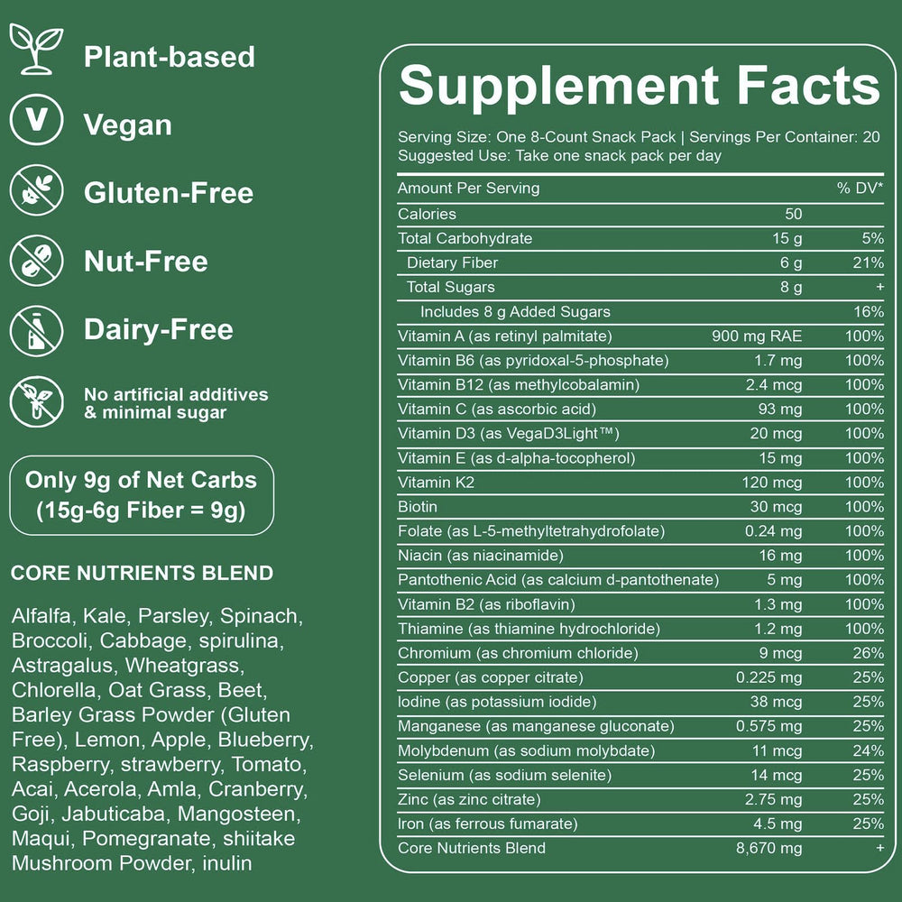 oviaapo Greens Gummies bottle back showing vitamins and minerals for immune support