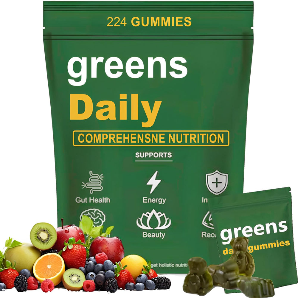 oviaapo Greens Gummies bottle front with 224 gummies for daily wellness and energy