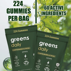 oviaapo Greens Gummies packaging emphasizes gluten-free, nut-free, and dairy-free qualities