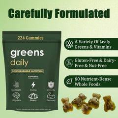 oviaapo Greens Gummies daily dosage panel indicates 8 gummies per day for routine use