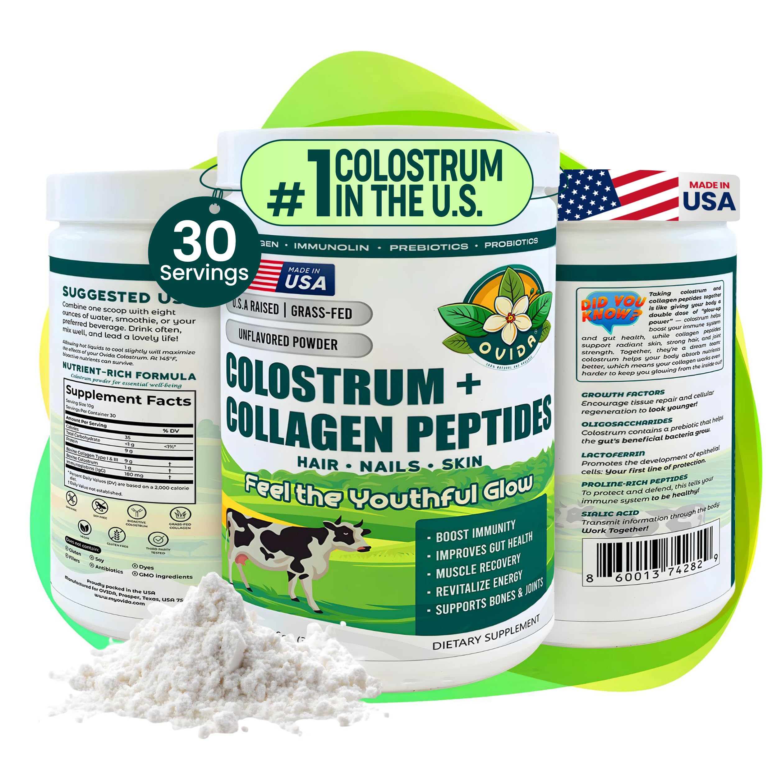 OVIDA premium bovine colostrum and collagen powder bottle for easy daily wellness.