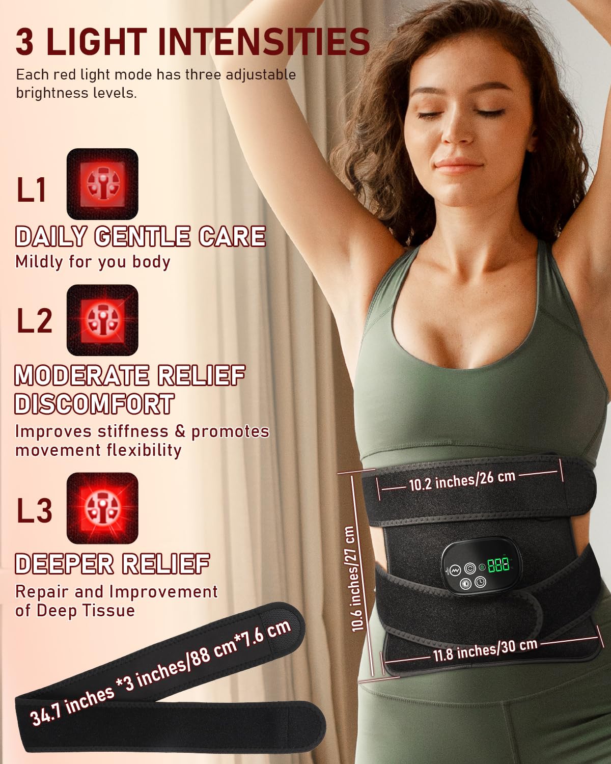 OVIMAZ belt secured at the waist with adjustable straps for a snug fit.