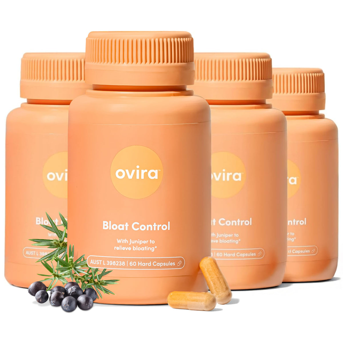 Ovira Bloat Control bottle pour shows easy daily dosing for digestive comfort.