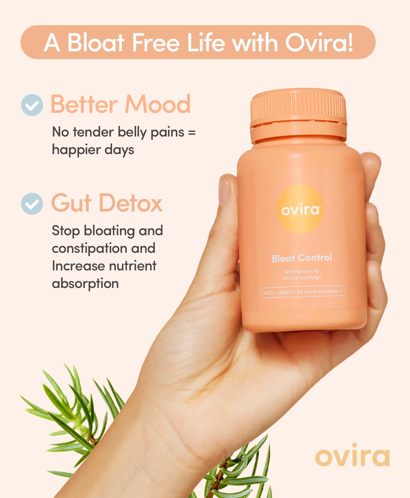 Ovira Bloat Control packaging open scene for on-the-go care.
