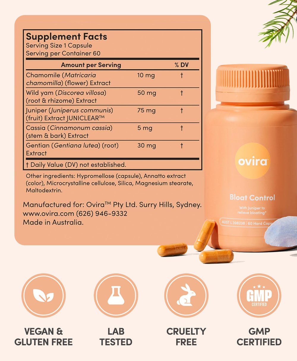 Ovira Bloat Control ingredients close-up featuring juniclear and chamomile.