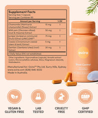 Ovira Bloat Control ingredients close-up featuring juniclear and chamomile.