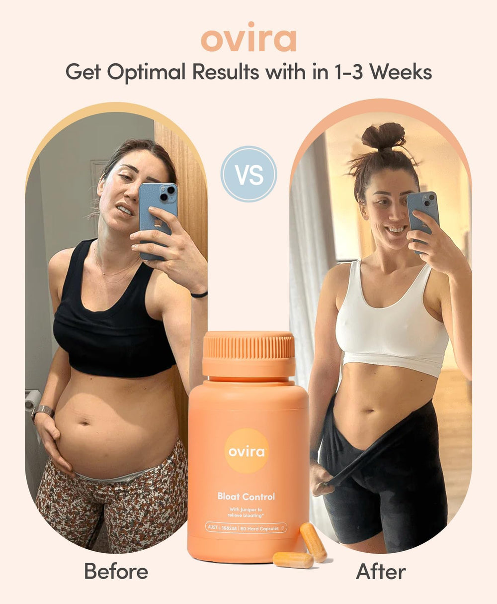 Ovira Bloat Control ingredient panel shows Gentian and Chamomile benefits.