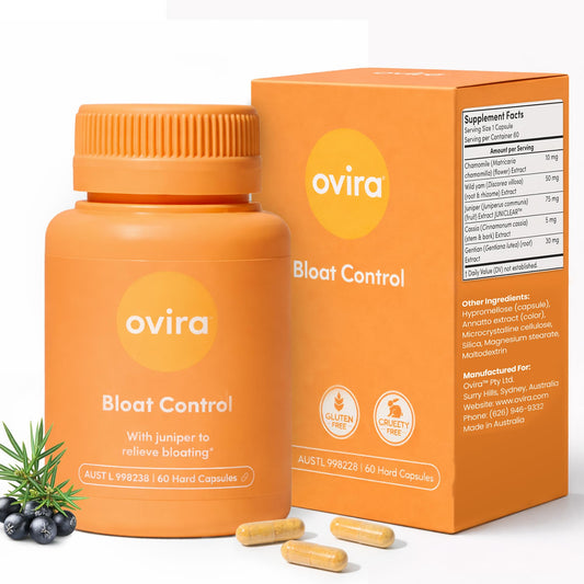 Ovira Bloat Control supplement bottle for daily digestive support.