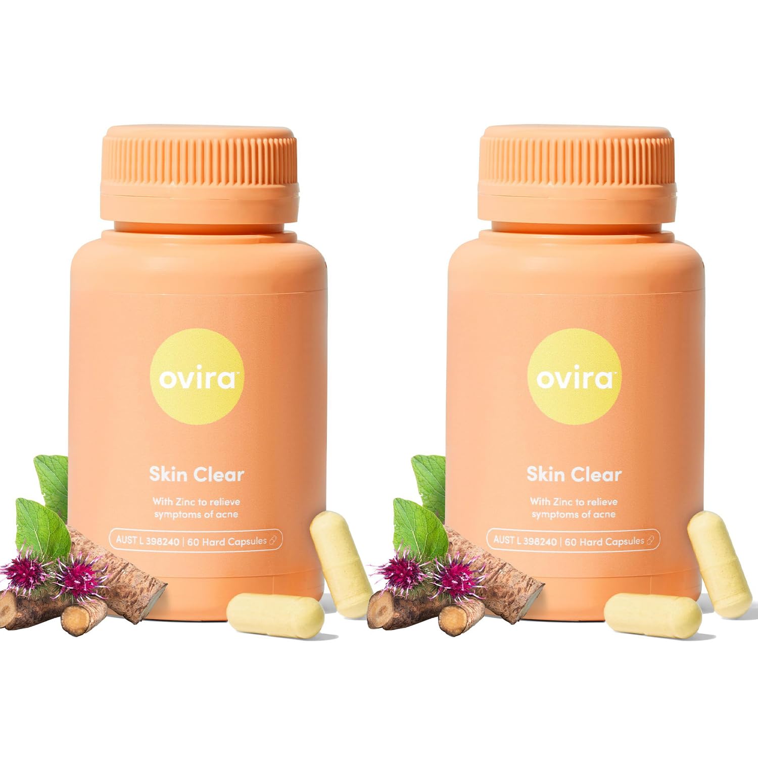 Ovira Skin Clear ZINCBRIGHT bottle front with two-pack for hormonal acne support.
