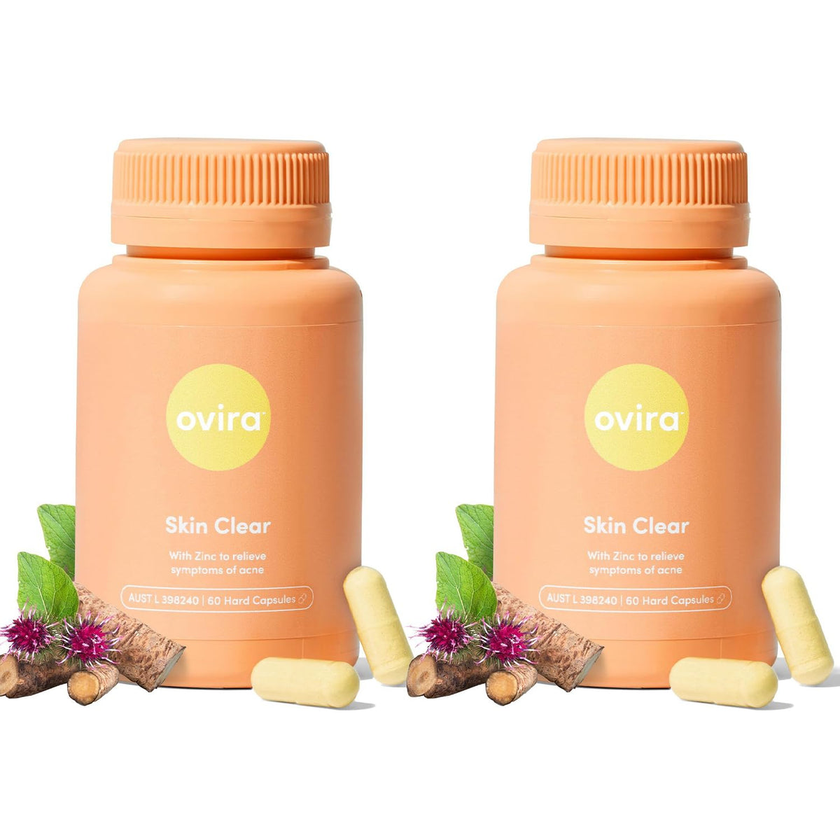 Ovira Skin Clear ZINCBRIGHT bottle front with two-pack for hormonal acne support.