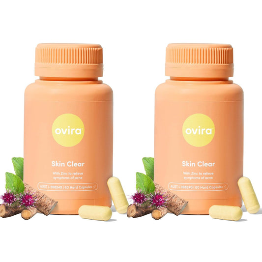Ovira Skin Clear ZINCBRIGHT bottle front with two-pack for hormonal acne support.