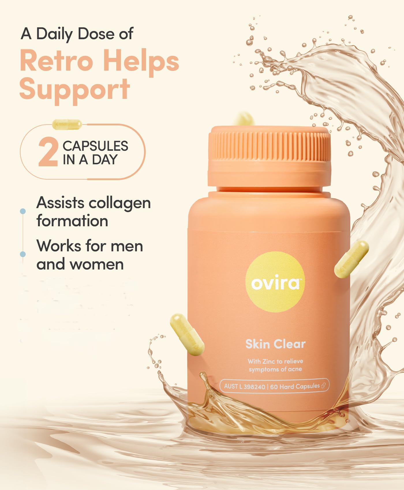 Ovira Skin Clear ZINCBRIGHT bottle pour shot illustrates simple daily dosage with meals.