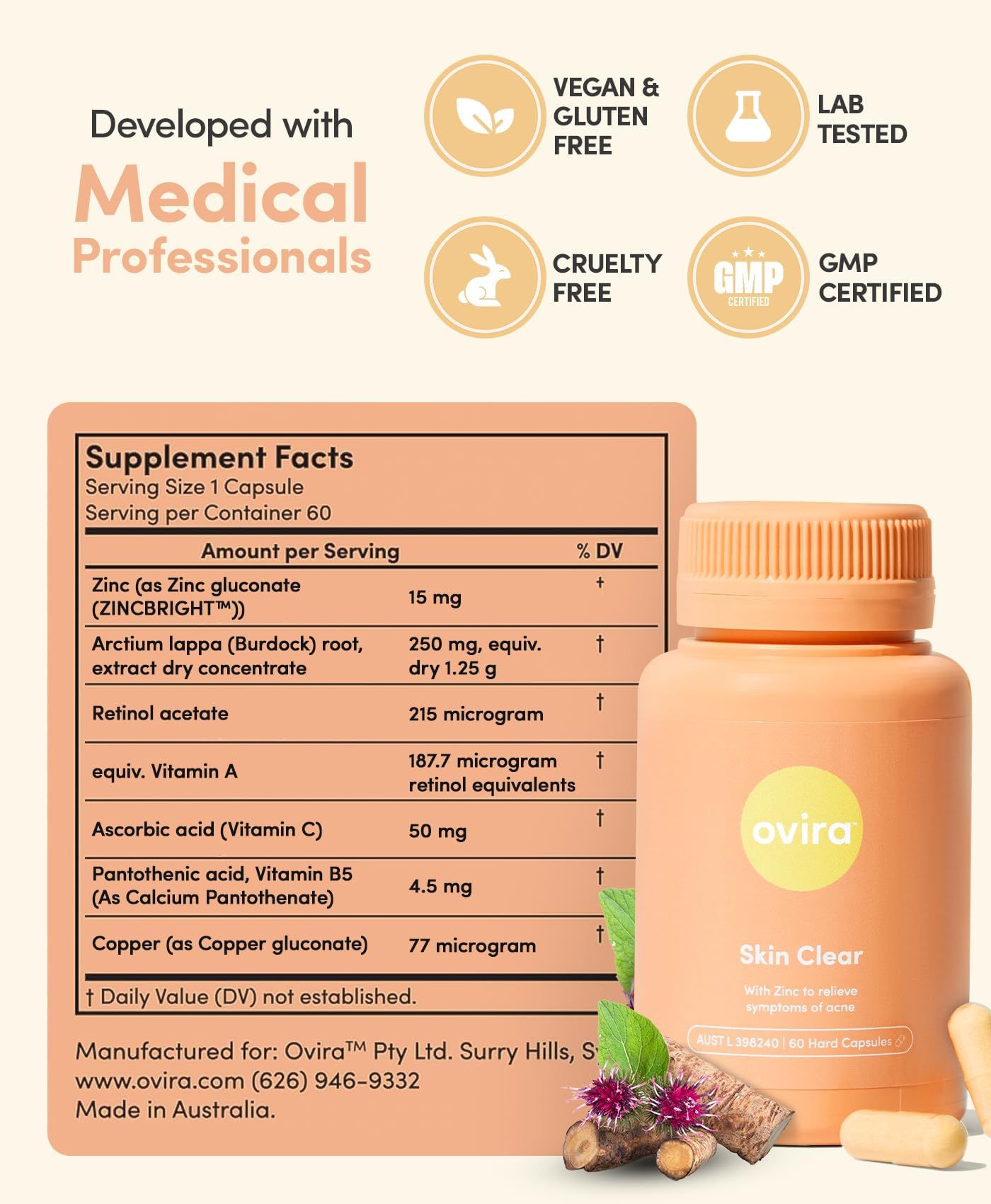 Ovira Skin Clear ZINCBRIGHT glow shot emphasizes potential radiant skin with zinc-enhanced formula.