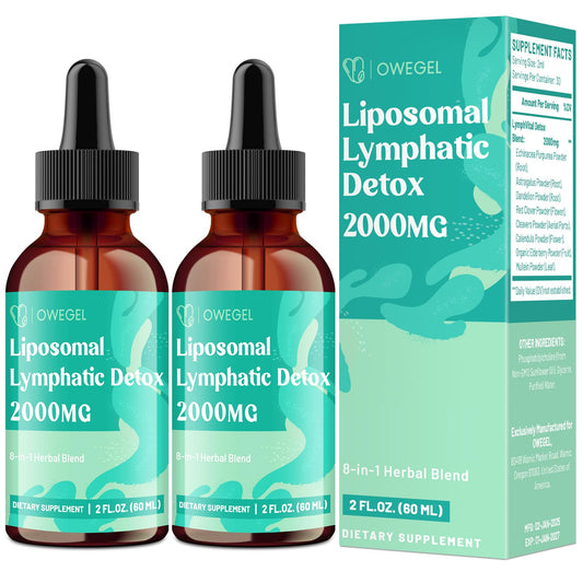 owegel Liposomal Lymphatic Drops bottle highlights a vegan, alcohol-free formula for immune-support potential.