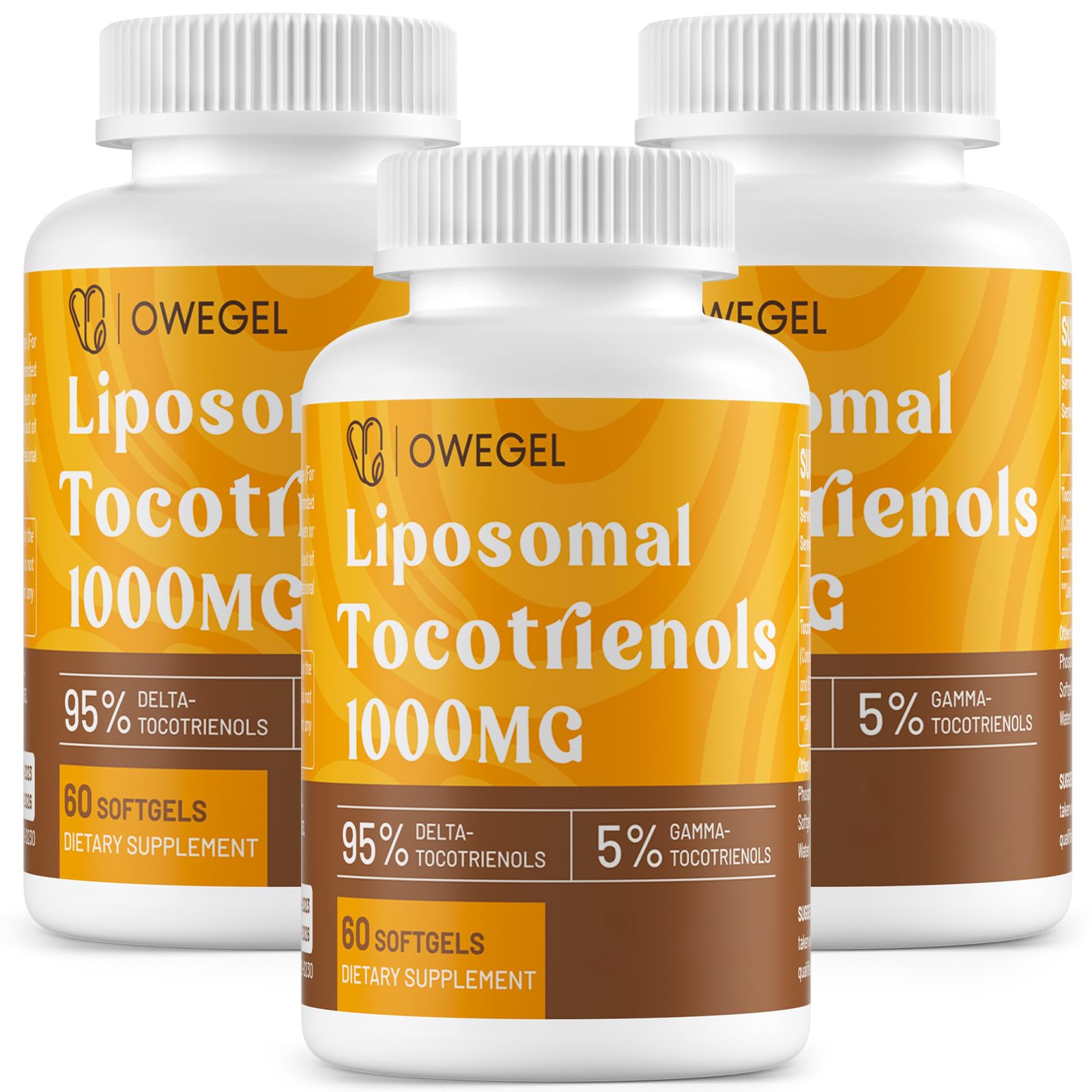 owegel liposomal tocotrienols bottle-front showing premium vitamin E support for skin and bones.
