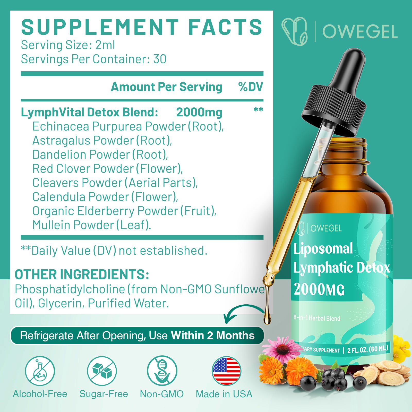 owegel Liposomal Lymphatic Drops pour shows easy dosing for daily use.