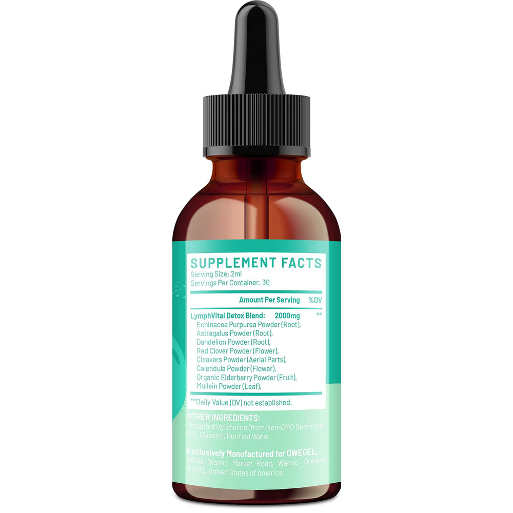 owegel Liposomal Lymphatic Drops vegan alcohol-free bottle on shelf signals clean formula.
