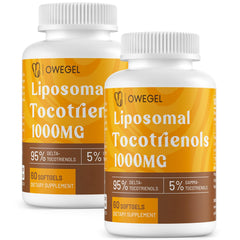 Owegel 1000mg tocotrienols bottle front highlights liposomal formula for daily antioxidant support.