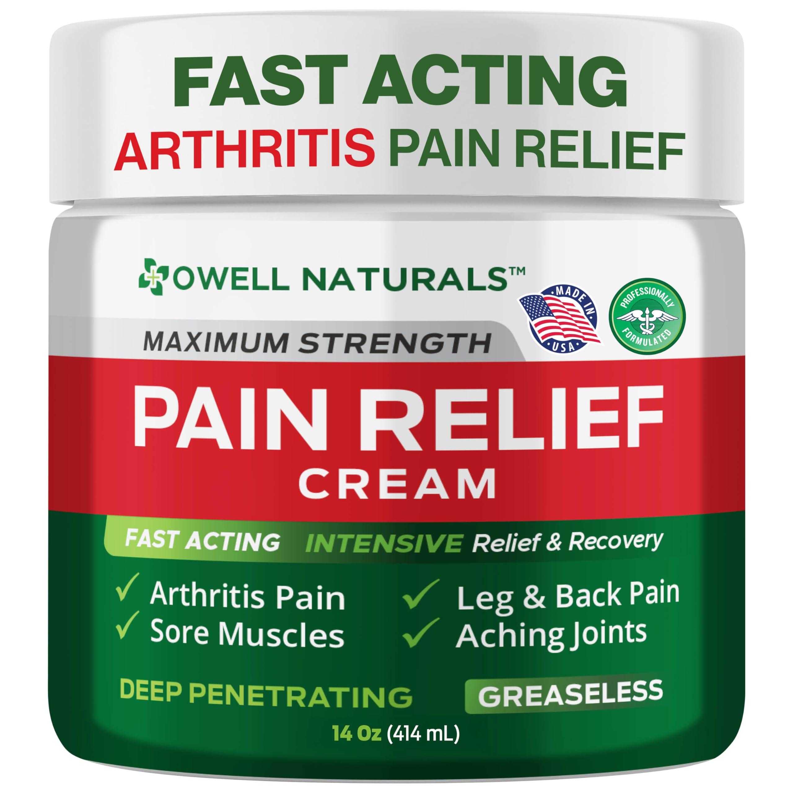 Owell Naturals deep penetrating pain relief cream packaging demonstrates fast absorption and quality.