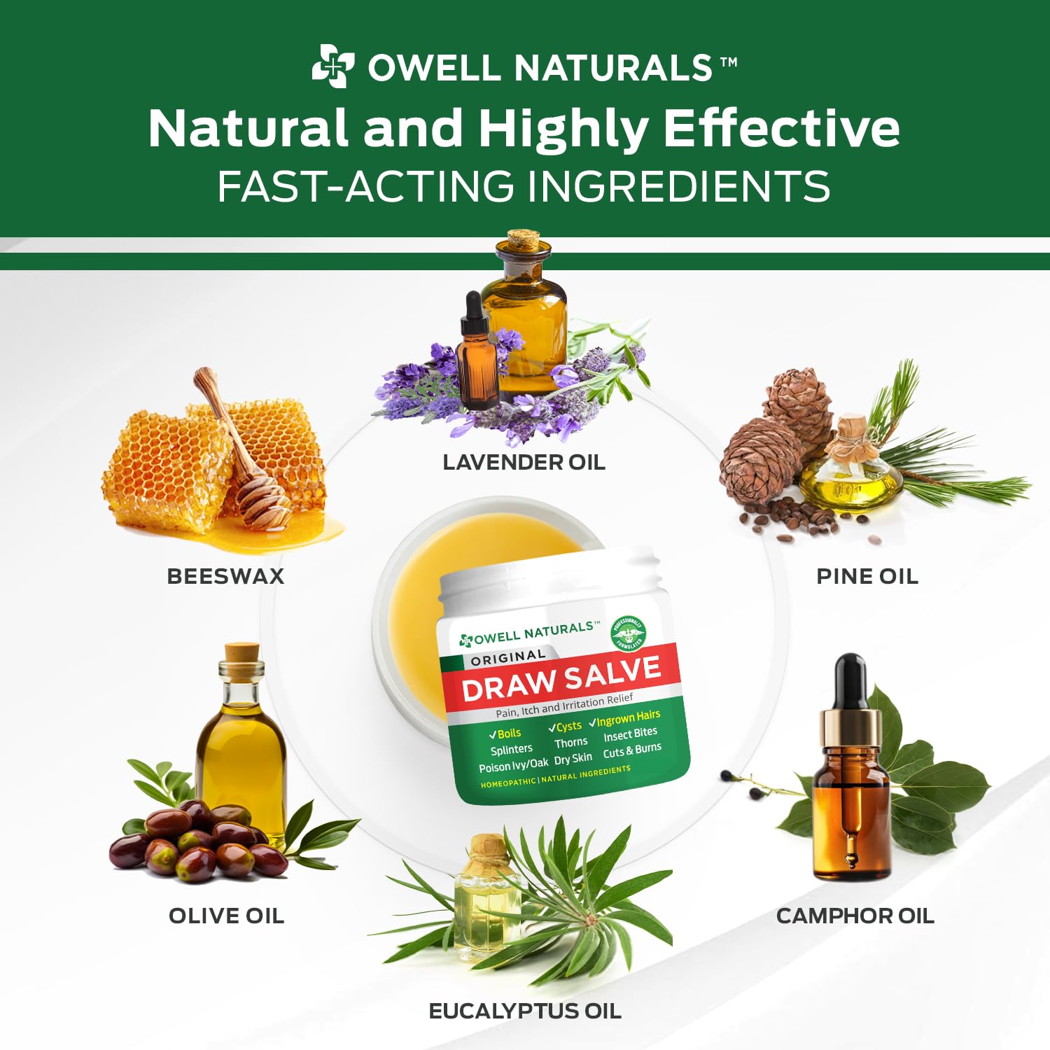 Owell Naturals Drawing Salve ingredients bees-wax-lavender highlight natural formulation.