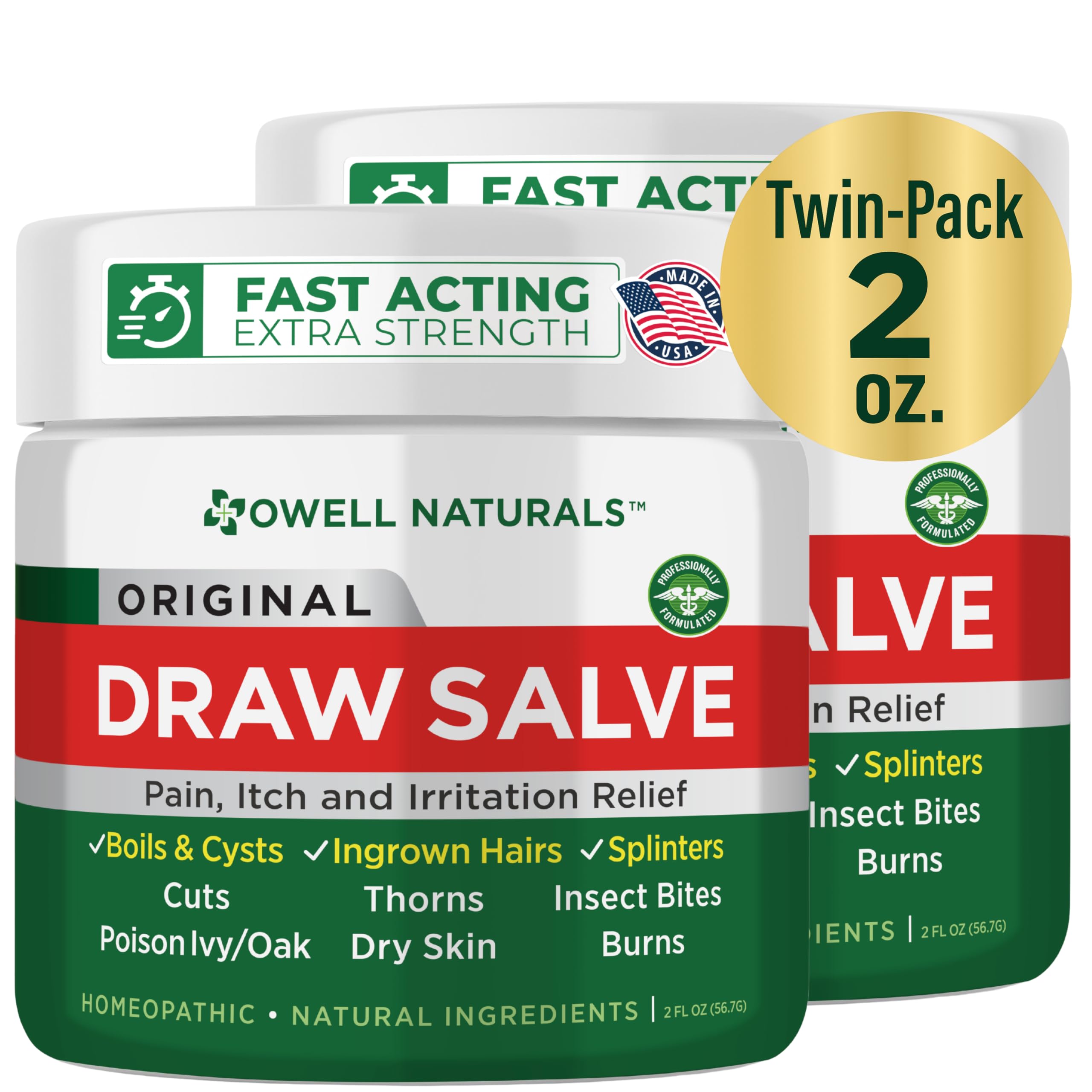 Owell Naturals Drawing Salve jar showing authentic formula for skin care support.