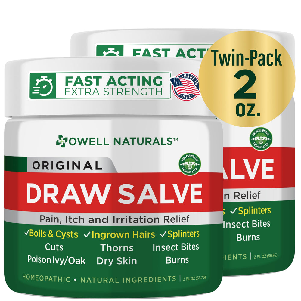 Owell Naturals Drawing Salve jar showing authentic formula for skin care support.