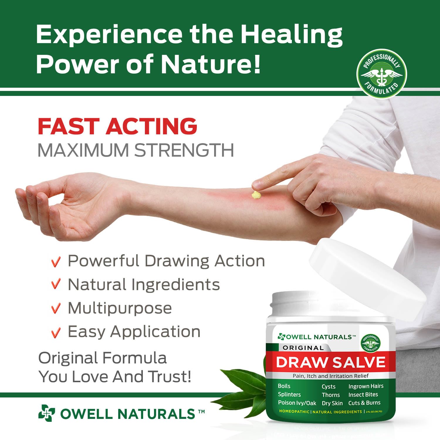 Owell Naturals Drawing Salve label highlighting Amish-inspired, plant-based formula