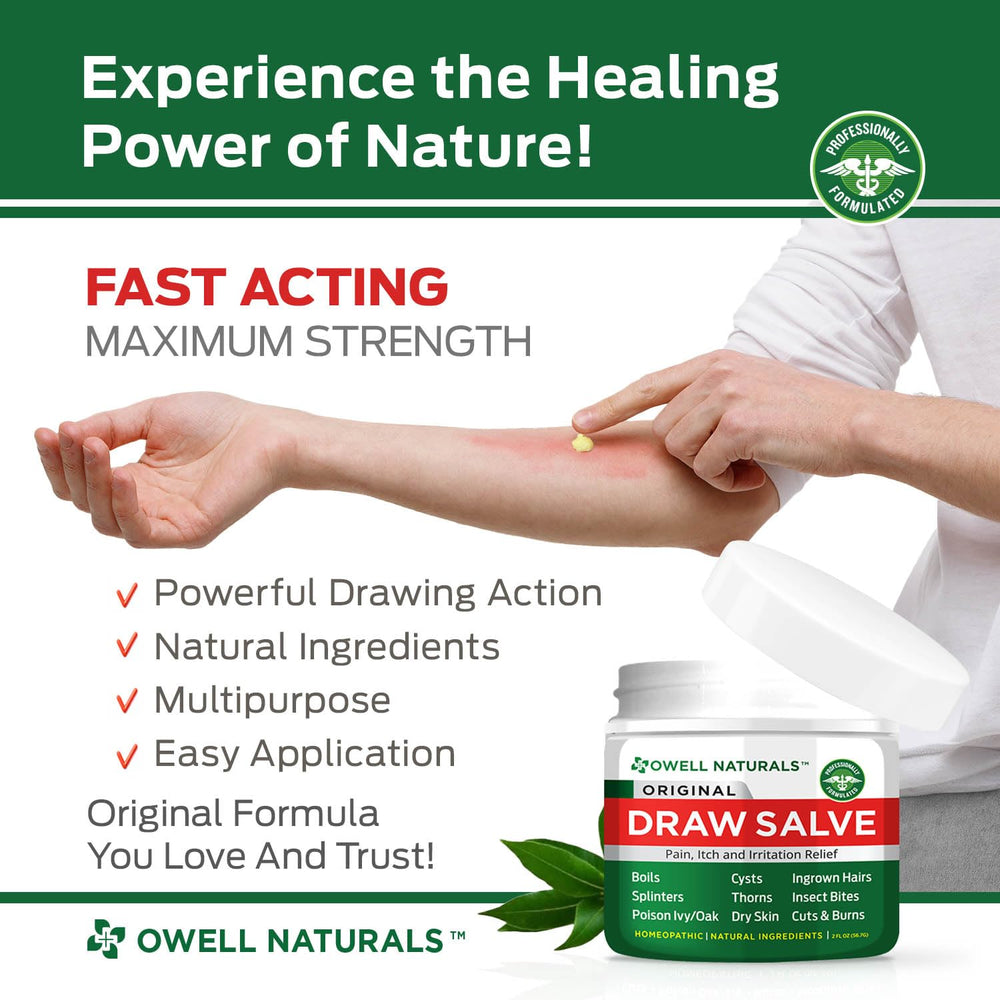 Owell Naturals Drawing Salve label highlighting Amish-inspired, plant-based formula