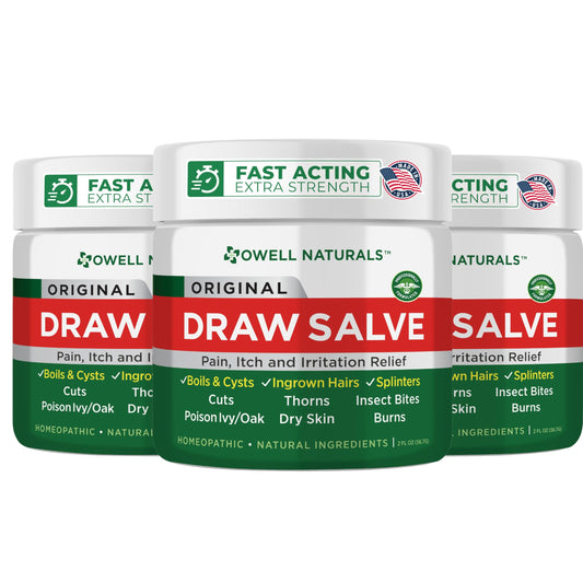 Owell Naturals Drawing Salve tube close-up for soothing, fast-acting relief of minor skin irritations