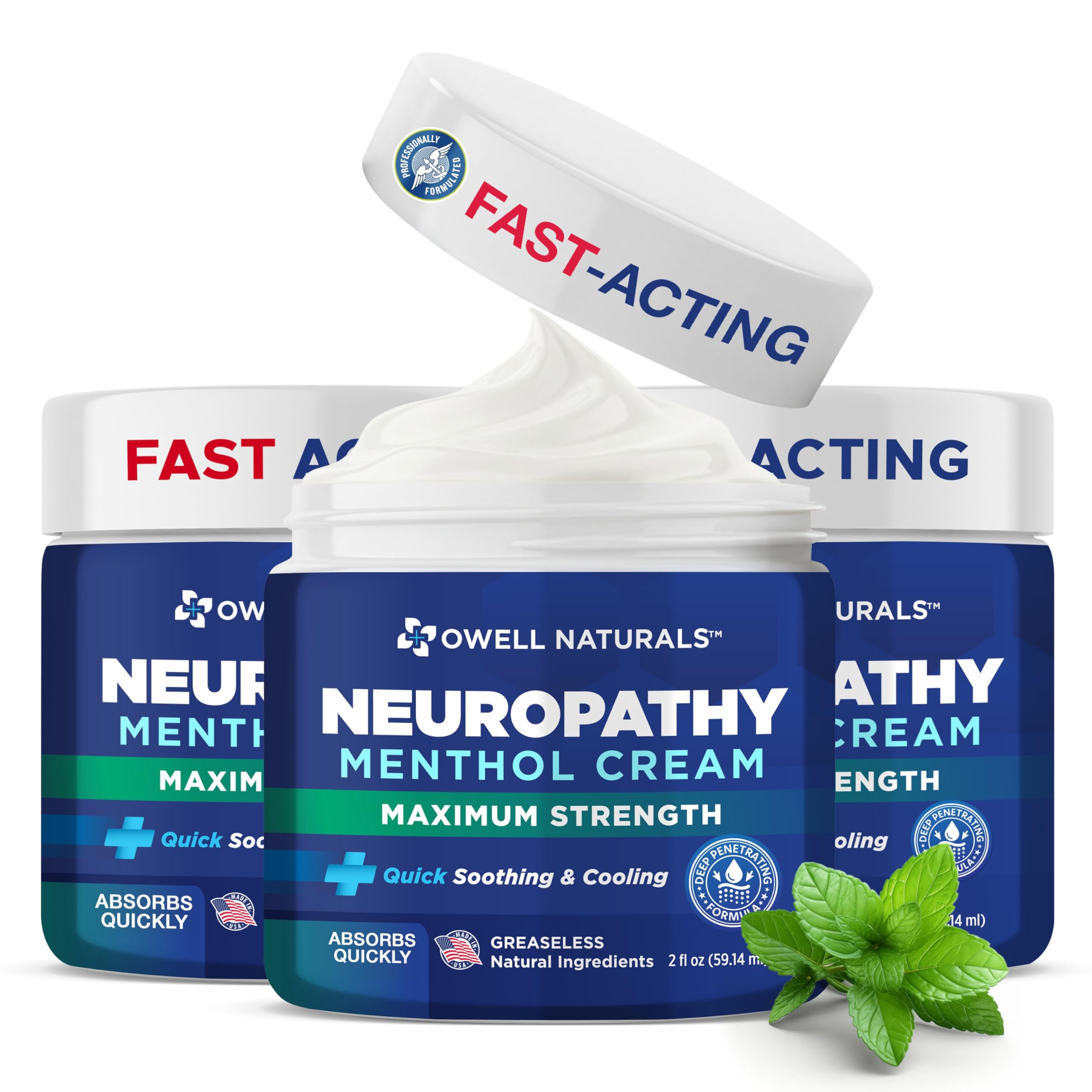 Owell Naturals Neuropathy Cream bottle closeup highlighting the cooling formula