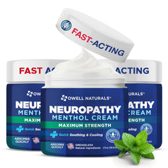 Owell Naturals Neuropathy Cream bottle closeup highlighting the cooling formula