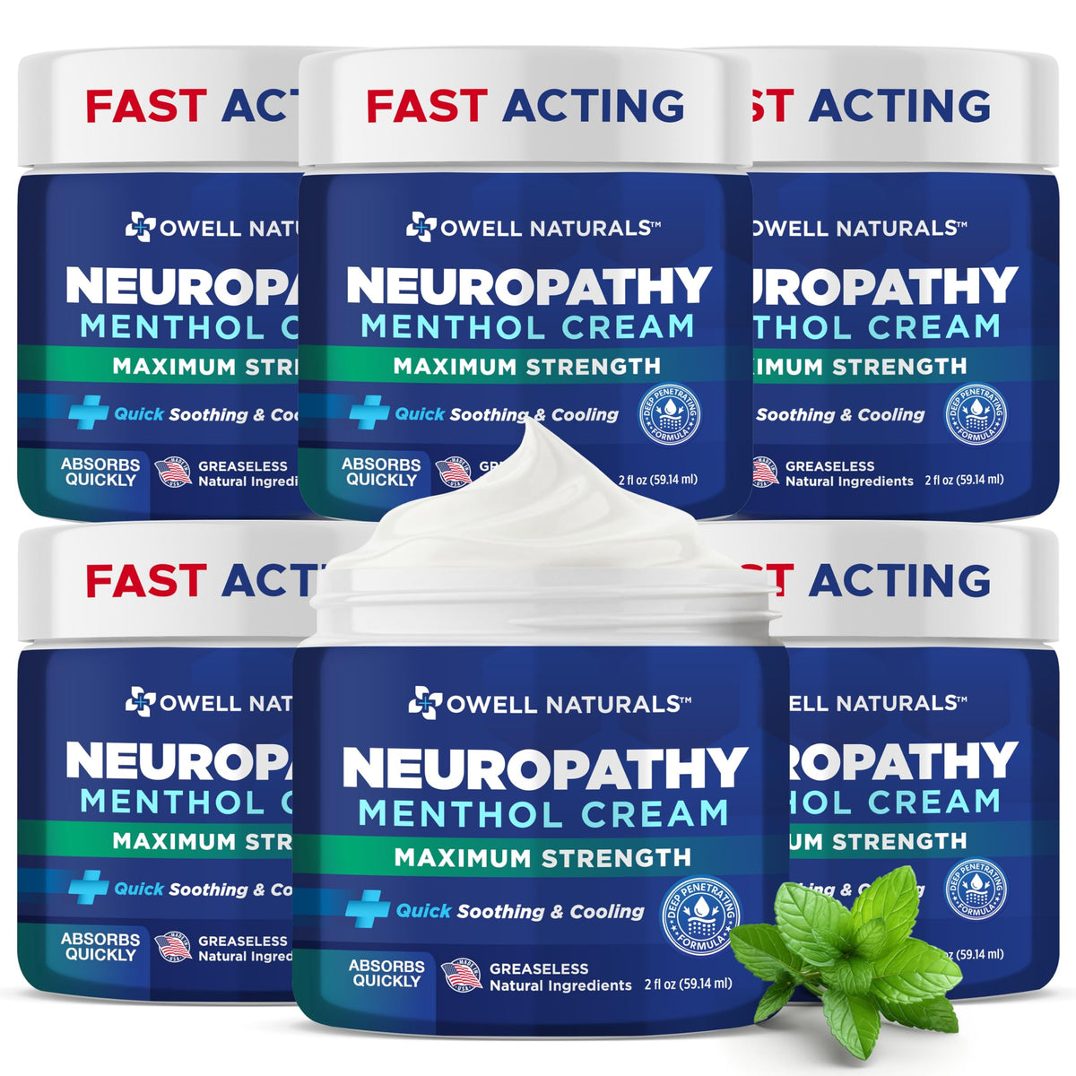 Owell Naturals Neuropathy Cream tube shows fast-absorbing formula for quick relief