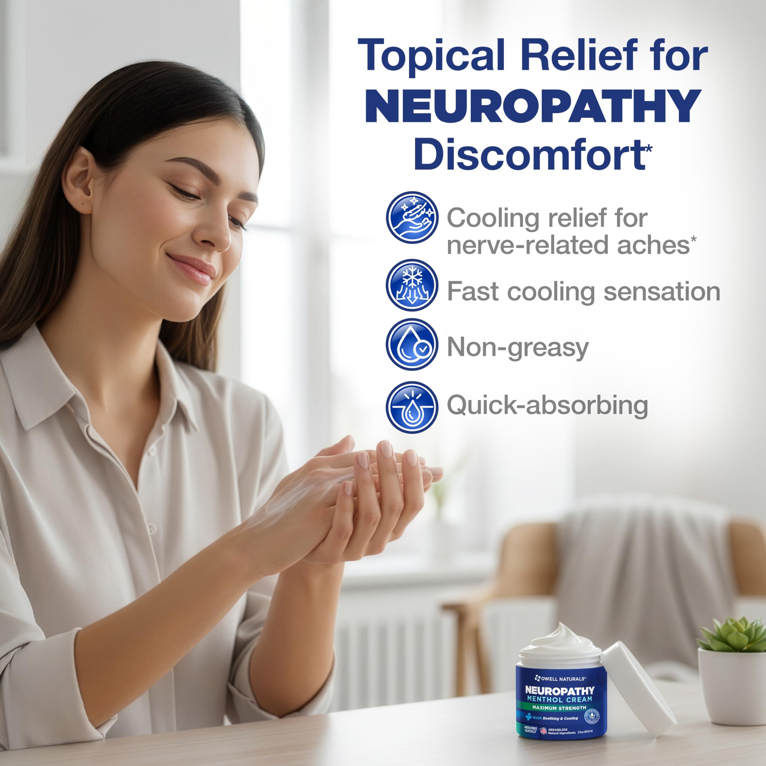 Owell Naturals cream on leg delivering targeted cooling comfort after activity