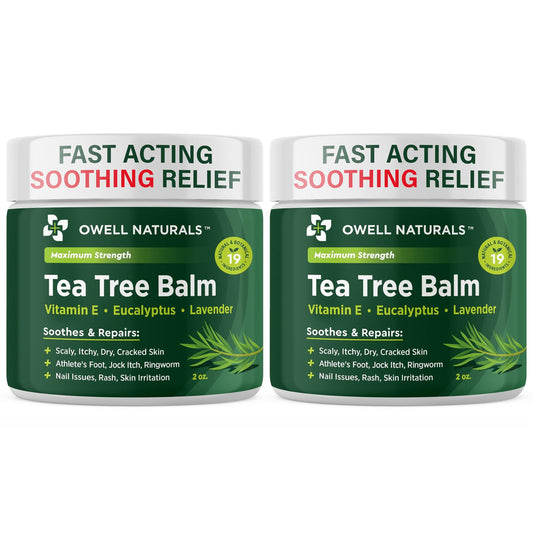 Owell Naturals Tea Tree Balm box view shows portable, travel-ready relief on the go.