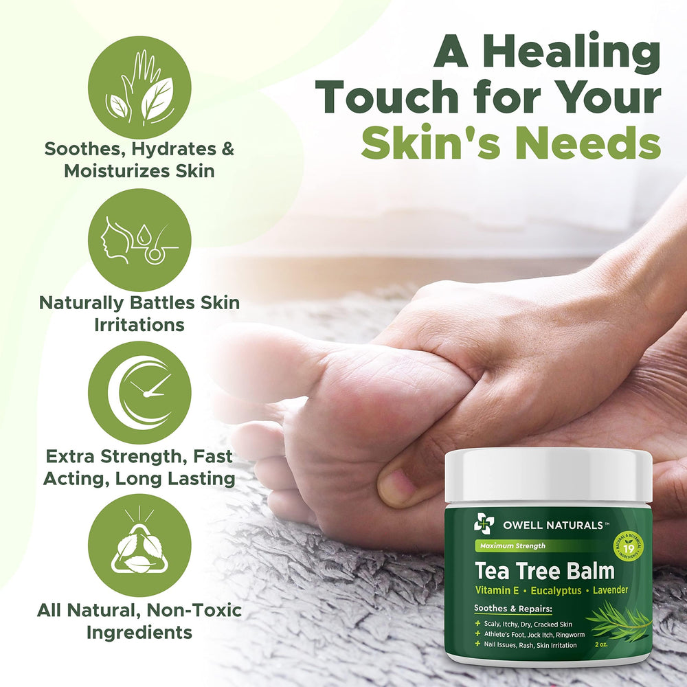 Owell Naturals Tea Tree Balm ingredients panel highlights natural beeswax and oils.