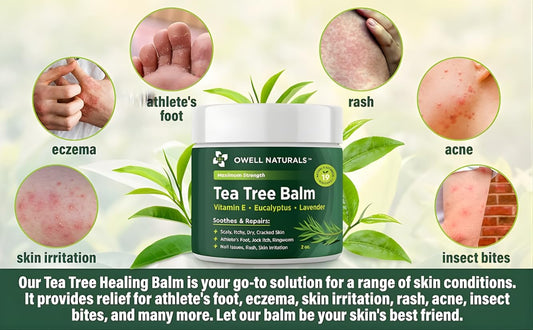 Owell Naturals Tea Tree Balm tube 2oz demonstrates easy application for itchy skin.